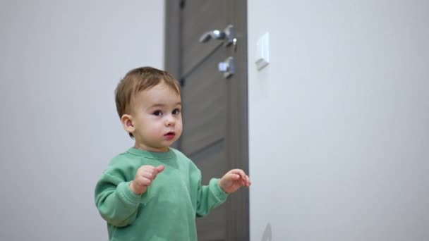 Nice Little Kid Switches Light Room Surprised Toddler Looks Dark — Stock Video