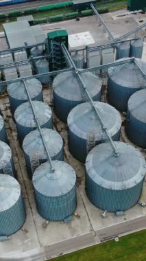 Tahıl deposu için metal kaplar. Sahadaki modern tahıl ambarları. Tarım endüstrisi için tarım ambarı. Üst Manzara. Dikey video