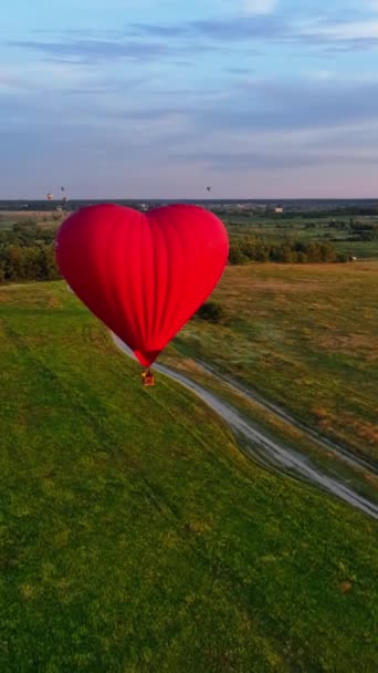 Reizen Van Romantische Heteluchtballon Rode Aerostat Ballon Vliegt Velden Onder — Stockvideo