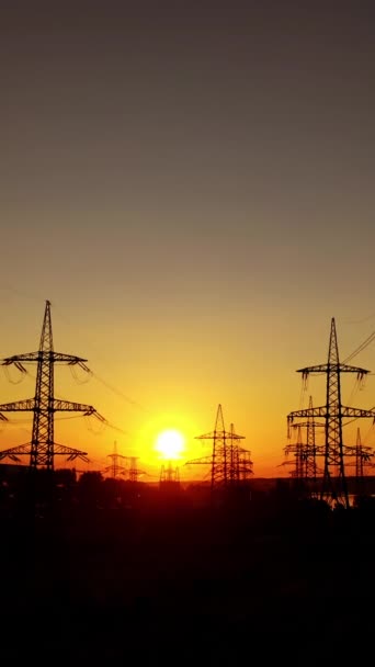 Voltage High Electric Lines Sunset Electricity Pylons Dusk Orange Sun — Stock Video