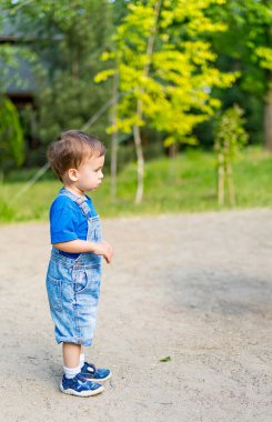 Parkta oynayan sevimli küçük çocuk.