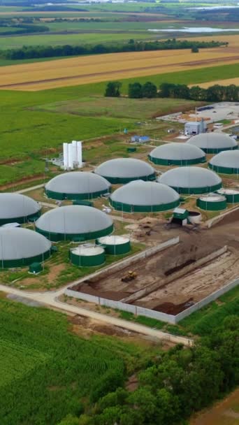 沼气生产 现代的生物气厂被绿色的自然所包围 沼气与田里的储油罐竞争 摄像头向下移动 垂直录像 — 图库视频影像