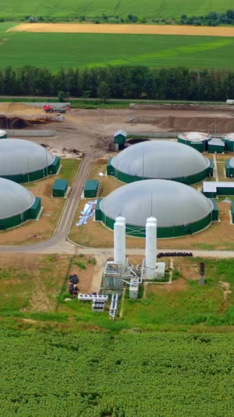 田里的有机农场沼气生产 田里存放有机气体的储气罐 生产生物质的现代工业厂房 空中风景 垂直录像 — 图库视频影像
