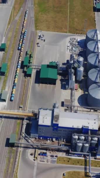 田里的大粮仓新型工业谷物升降机的现代地域 用于储存农产品的筒仓 空中风景 垂直录像 — 图库视频影像