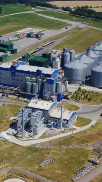 田里的现代植物带颗粒的金属筛子 绿色背景的粮仓 粮食储存在大工厂 空中风景 垂直录像 — 图库视频影像