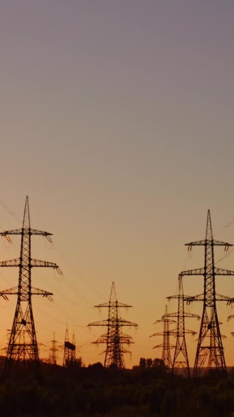 High Voltage Electric Line Sunset Silhouettes Electric Pylons Setting Sun — Stock Video