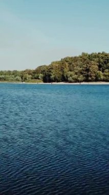 Yılın yaz mevsiminde havadan manzaralı kumlu bir orman ve kumlu bir nehir. Kamera ileri doğru hareket ediyor. Harika bir doğa. Dikey video