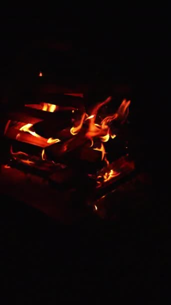 불꽃이 떠오르는 더미에 나무를 잘랐습니다 캠프파이어를 시작했어 배경에 비디오 — 비디오