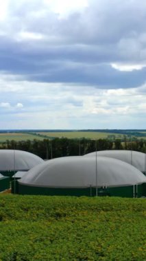 Depolama tankları olan biyogaz tesisi. Yeşil alanda organik gaz üretimi için büyük rezervler. Biyokütle mayalanmasından elde edilen biyogaz üretimi. Dikey video