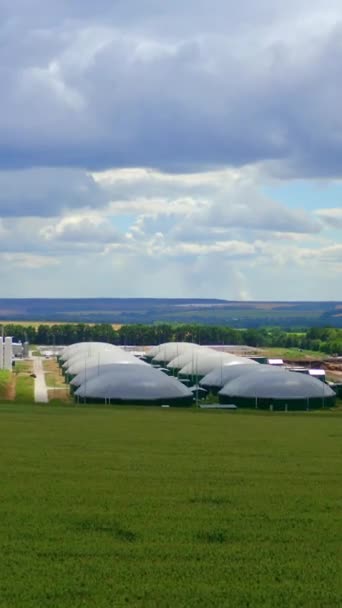 阳光明媚的日子里的生化气厂 绿色环境下生物物质生产的创新农业农场 绿地含甲烷气体的有机生产 垂直录像 — 图库视频影像