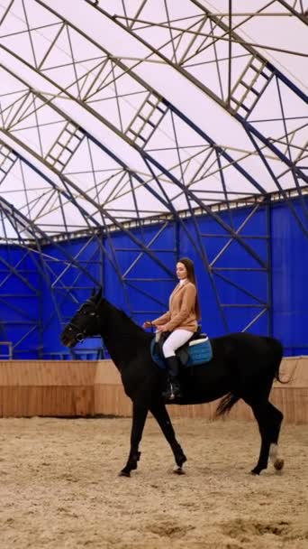 Długowłosa Kobieta Jeżdżąca Pięknym Czarnym Koniu Kobieta Trener Idzie Przed — Wideo stockowe