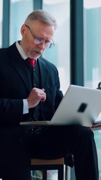 头发灰白的商人在笔记本电脑上工作 一个严肃而成熟的戴眼镜 穿着雅致西服的男人坐在窗边 一边在电脑上打字 垂直录像 — 图库视频影像
