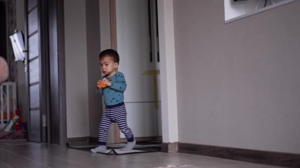 Adorable Toddler Boy Walks Room Holding Toy Hands Child Throws — Stock Video