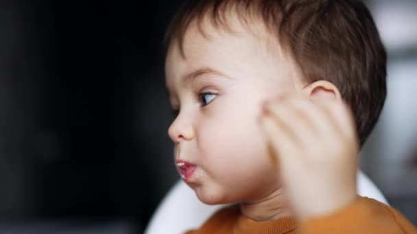 小男孩在家里吃饭 妈妈的手把勺子塞进了孩子的嘴里 靠近点模糊的背景 — 图库视频影像