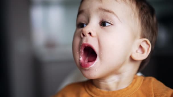 Adorable Little Kid Opens Wide His Mouth Showing Few Teeth — Stock Video