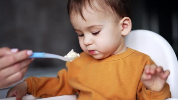 Kleiner Junge Sitzt Fütterungsstuhl Mutter Gibt Ihrem Sohn Den Löffel — Stockvideo