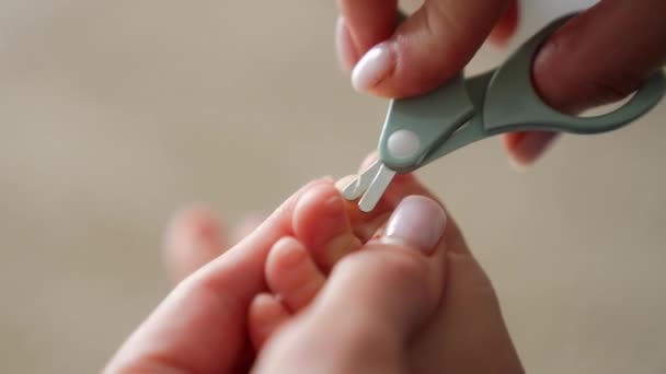 Резал Ногти Маленького Ребенка Заботливая Мать Использует Специальные Ножницы Процедуры — стоковое видео