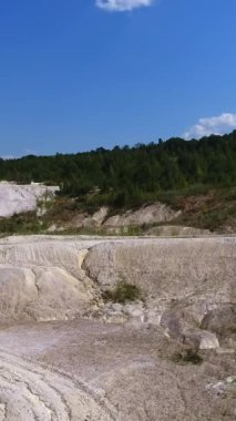 Kamyon, modern fabrikaya giden kaolinitle dolu. Beyaz kil, yeşil orman ve mavi gökyüzü ile çelişiyor. Dikey video