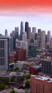 Şikago 'nun çeşitli mimarisi gün batımında. Pembe gökyüzünün altında güzel gökdelenler. Dikey video
