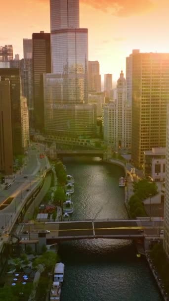 Chicago River Rays Setting Sun Downing Sun Reflecting Windows Beautiful — Stock Video