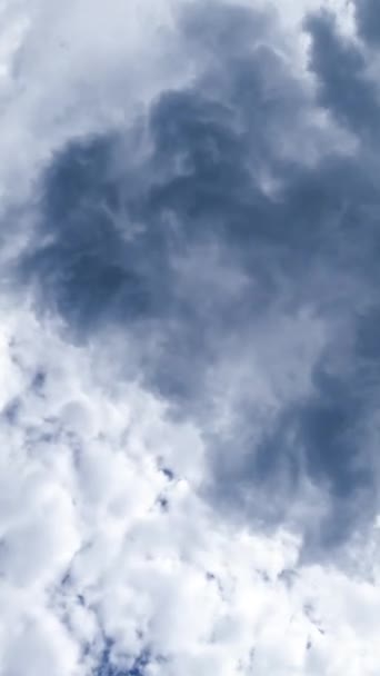 青い空を覆っている大きな雲 白い雲が灰色になった 下のタイムラプスからの眺め バーティカルビデオ — ストック動画