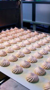 Beyaz güzel şekerlerle otomatik taşıma hattı. Şekerlemeler modern şekerlemelerin taşıma bandına sıraya dizildi. Dikey video