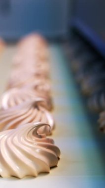 Şekerlemecideki makineden lezzetli kremalı tatlılar çıkıyor. Taşıyıcı hattında yeni yerleştirilmiş zephyr tatlılar. Kapatın. Arka plan bulanık. Dikey video