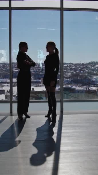 Rymligt Solbelyst Kontor Med Två Kvinnor Som Står Nära Fönstret — Stockvideo
