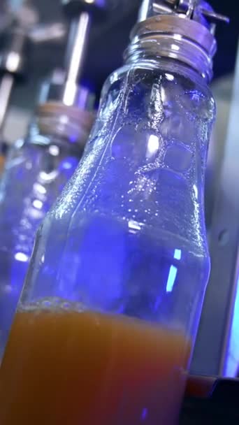 Apfelsaft Wird Die Glasflaschen Geschüttet Aus Nächster Nähe Automatisierte Linie — Stockvideo