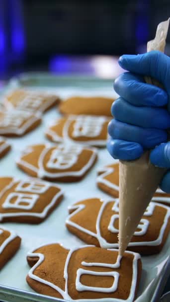 진저브레드 하우스는 얼음으로 장식되고 있습니다 아름다운 쿠키에 페이스트리 가방에서 압착되는 — 비디오