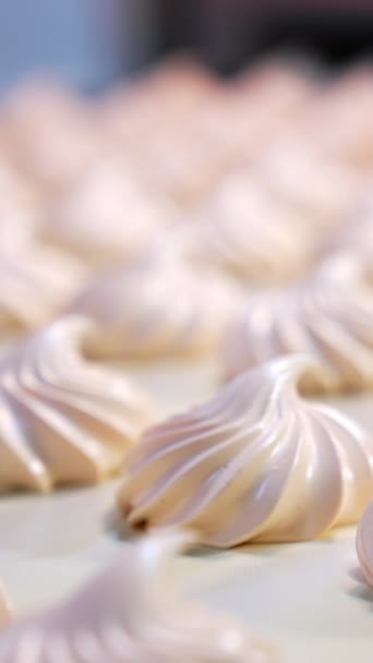 菓子工場のコンベアベルトに沿って移動する新鮮なクリーミーなマシュマロ クローズアップ ブレイクされた背景 バーティカルビデオ — ストック動画
