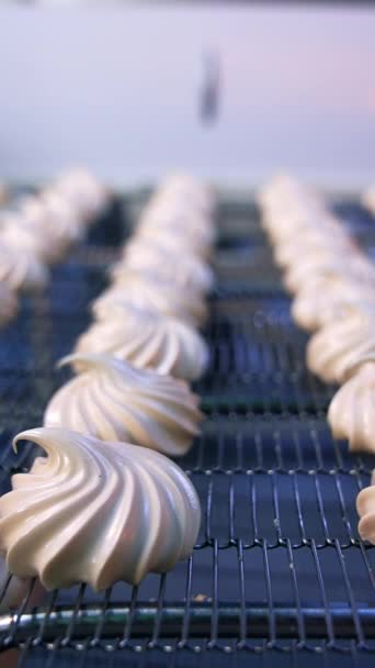 コンベアグリッドに移動する美味しいゾフィルキャンディー クローズアップ 工場でのスイーツの自動生産 ブレイクされた背景 バーティカルビデオ — ストック動画