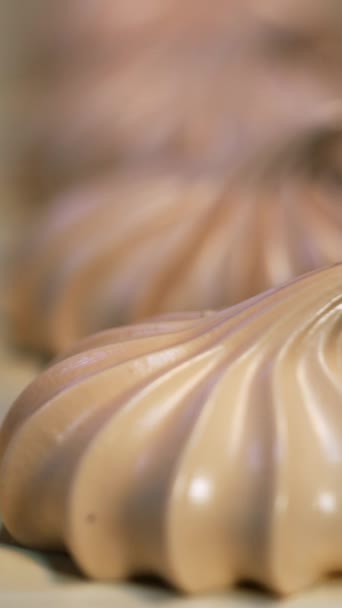 Freshly Made Marshmallows Belt Conveyor White Souffl Desserts Close Blurred — Stock Video