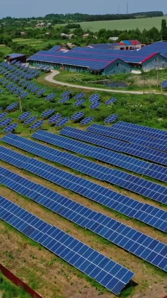 自然の中にある太陽光発電所 産業ビルのフィールドと屋根の太陽光発電パネル 太陽からの再生可能なクリーンエネルギー 空からの眺め バーティカルビデオ — ストック動画