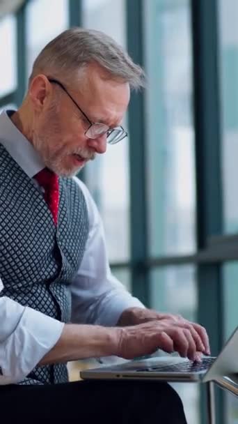 Freelance Senior Man Die Aan Een Laptop Werkt Volwassen Man — Stockvideo