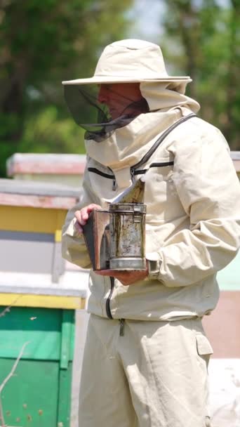 戴着防护帽的成年养蜂人站在蜂窝附近 烟枪手拿着一个冒烟的烟枪 模糊的背景 垂直录像 — 图库视频影像