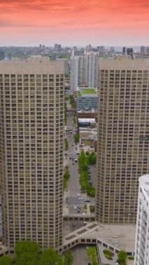 Modern Chicago 'nun mimarisinde dört benzer bina. Pembe gökyüzünün arka planında Metropolis 'in şehir manzarası. Dikey video