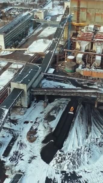 Yellow Excavator Smoothes Black Ash Coal Bridge Territory Heating Power — Stock Video
