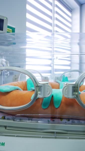特別なケアを必要とする新生児のための透明なクーデターベッド 産科病院の小児科のユニット クローズアップ バーティカルビデオ — ストック動画