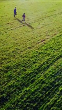 İki küçük çocuk, yeşil arka planda, güzel tarlada gün içinde birlikte koşuyorlar. Çocuklar dışarıda oynuyor ve geniş yeşil bir çayırda kovalıyorlar. Hava görünümü Dikey video