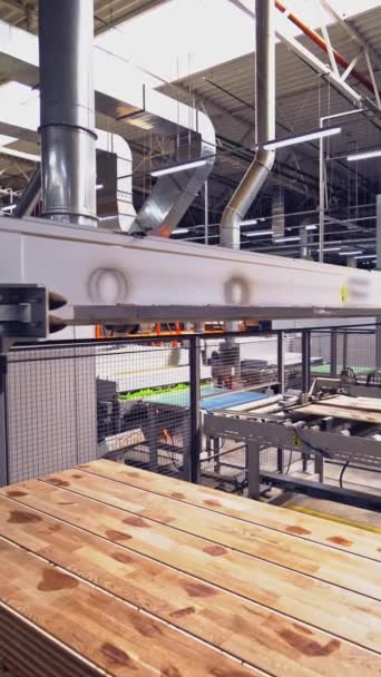 特別な自動装置は研修会のパレットの木板を変えます ウッドワーク工場 バーティカルビデオ — ストック動画