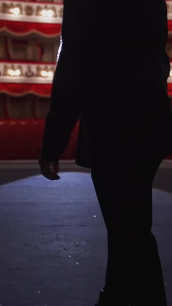 舞台上拿着话筒的男人身着雅致服装的男演员走上舞台 开始在空荡荡的礼堂前发表演说 后视镜垂直录像 — 图库视频影像