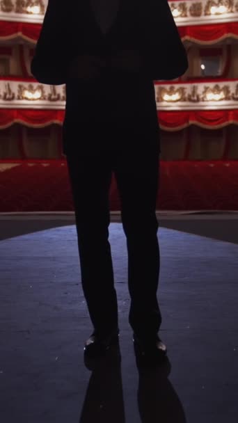 穿西装的男人站在舞台上回到礼堂 在经典剧场大厅的背景上 有着红色和白色的无法辨认的演员的黑暗轮廓 垂直录像 — 图库视频影像