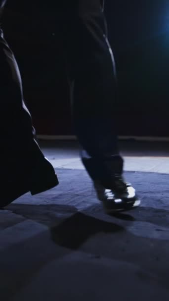演员的腿在舞台上跳舞 穿着黑鞋子的男人在昏暗的灯光下在剧场大厅里跳舞 垂直录像 — 图库视频影像