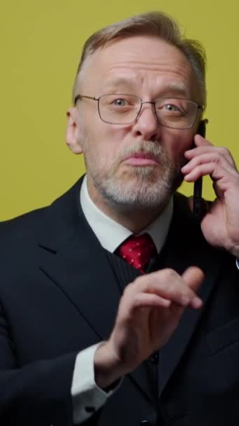 Glad Affärsman Som Pratar Telefon Porträtt Mogen Man Svart Kostym — Stockvideo