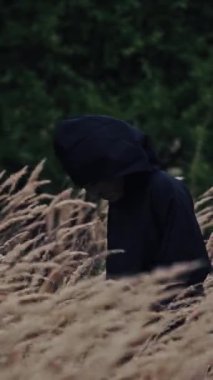 Dışarısı korkunç yüzlü korkunç bir figür. Siyah pelerinli hayalet buğday tarlasında yürüyor. Doğanın içinde ürkütücü ölüm. Cadılar Bayramı konsepti Dikey video