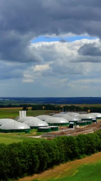 田里的现代农场在蓝天下有储油罐的沼气厂 来自生物量的可再生能源 绿色自然中有害的工业综合体 垂直录像 — 图库视频影像