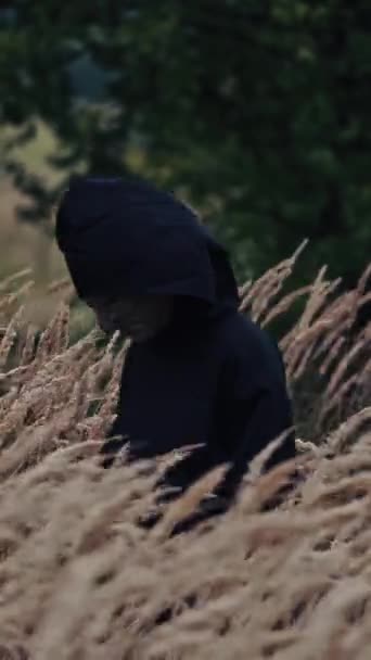 Fantasma Oscuro Capa Negra Con Capucha Entre Naturaleza Campo Trigo — Vídeos de Stock