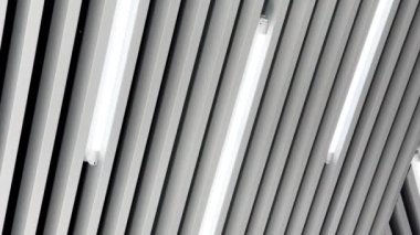 Kabartmalı tavanda çalışan kurşunlu lambaların siyah beyaz görüntüsü. Düşük açılı perspektif.