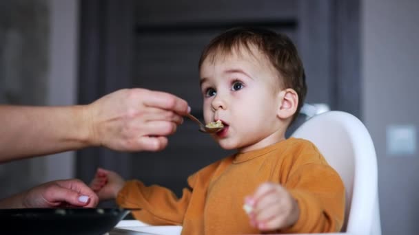 Αξιολάτρευτο Πρόσωπο Ενός Υπέροχου Μωρού Που Τρώει Χυλό Από Κουτάλι — Αρχείο Βίντεο